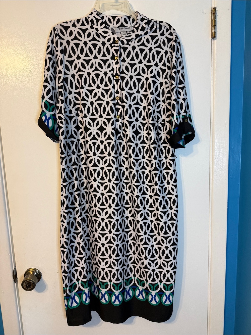 Shelby & Palmer Black and White Geometric Midi Dress with Green & Blue Accents